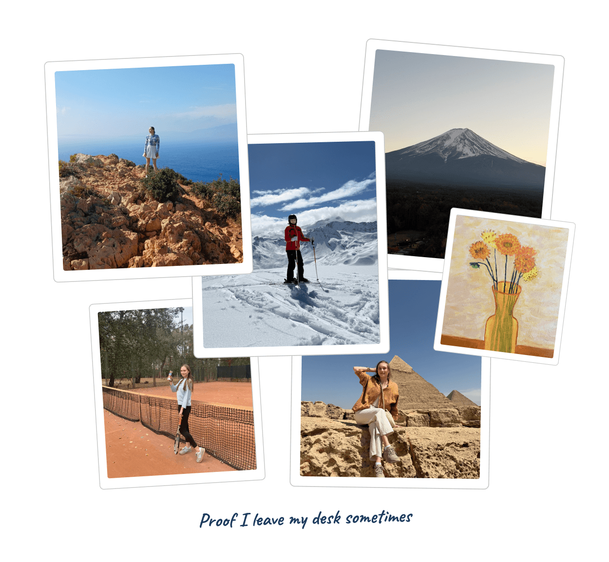 Collage of personal photos — travel, skiing, tennis, and more