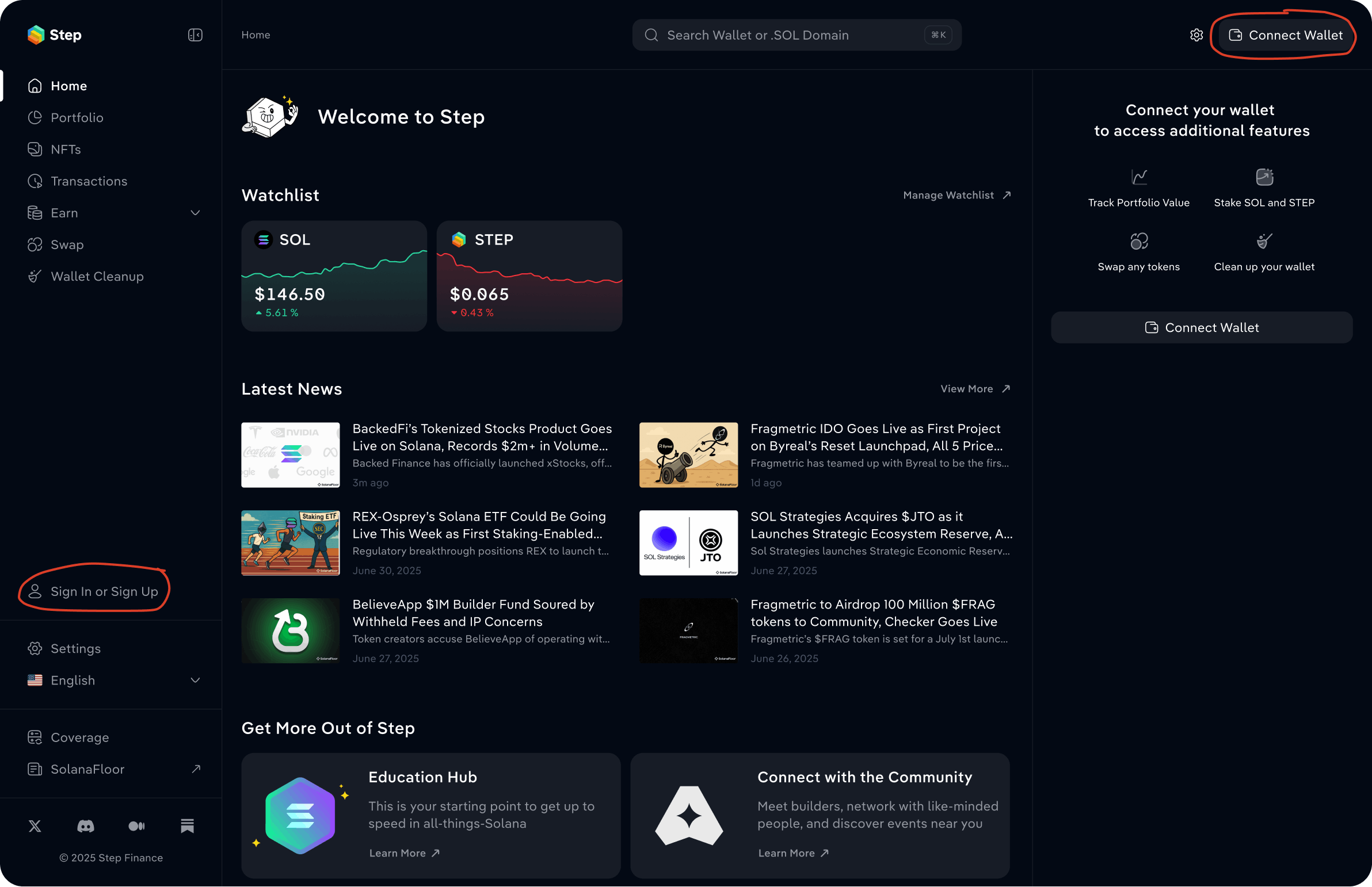 Step Finance privacy flow